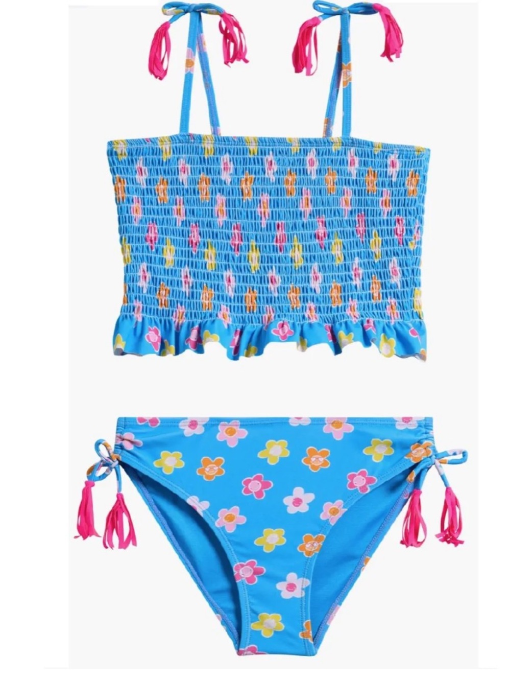 Girls' Tween Tankini Swim Set with Pink Tassels Smocked Top